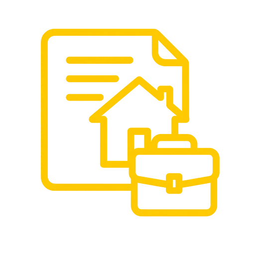 Icône représentant un document, une maison et une mallette, symbolisant le mandat de gestion signé entre Keymojo et le propriétaire.