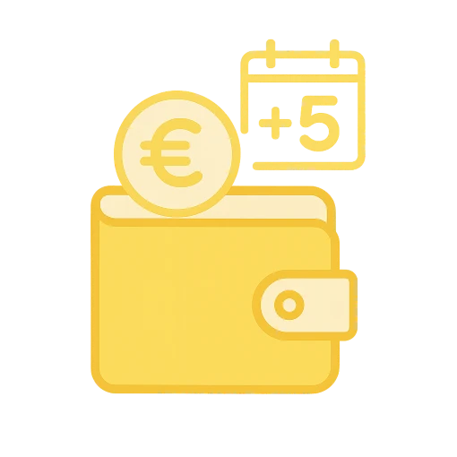 Icône représentant un portefeuille avec une pièce euro et un calendrier, illustrant l’encaissement et le versement des loyers à J+5.