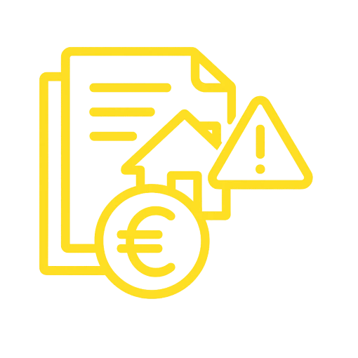 Icône représentant une maison, un document financier et un symbole d’alerte, illustrant la garantie contre les loyers impayés.