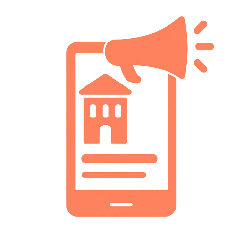 Icône représentant la mise en ligne et la promotion d'une annonce immobilière sur mobile, avec un mégaphone.