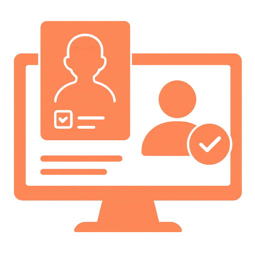 Icône représentant un écran d’ordinateur avec des fiches profils candidats et un symbole de validation.