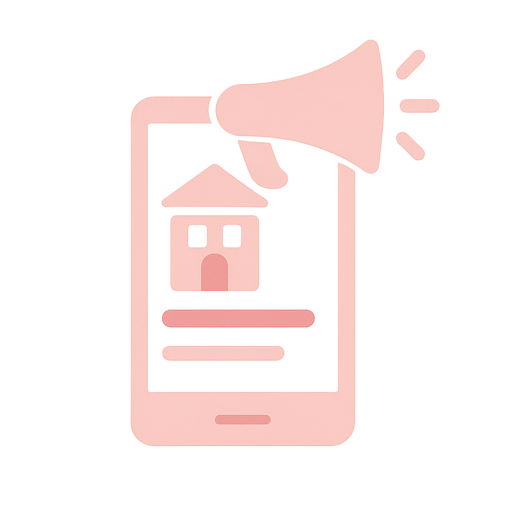 Icône représentant la mise en ligne et la promotion d'une annonce immobilière sur mobile, avec un mégaphone.