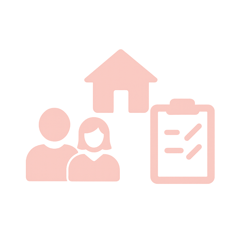 Icône représentant un couple devant une maison avec un clipboard, illustrant l’organisation d’une visite immobilière.