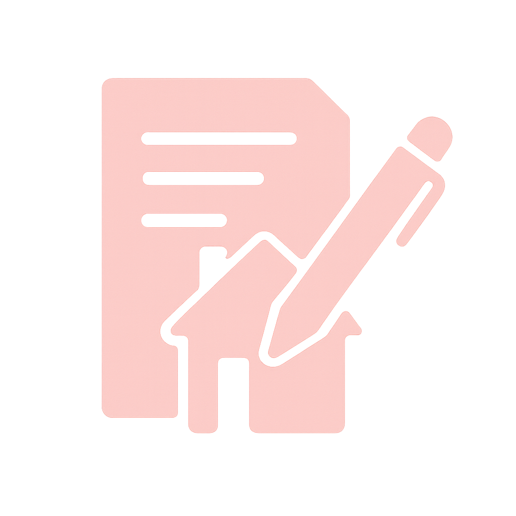 Icône représentant un document, une maison et un stylo, symbolisant la rédaction et la signature d’un bail de location.