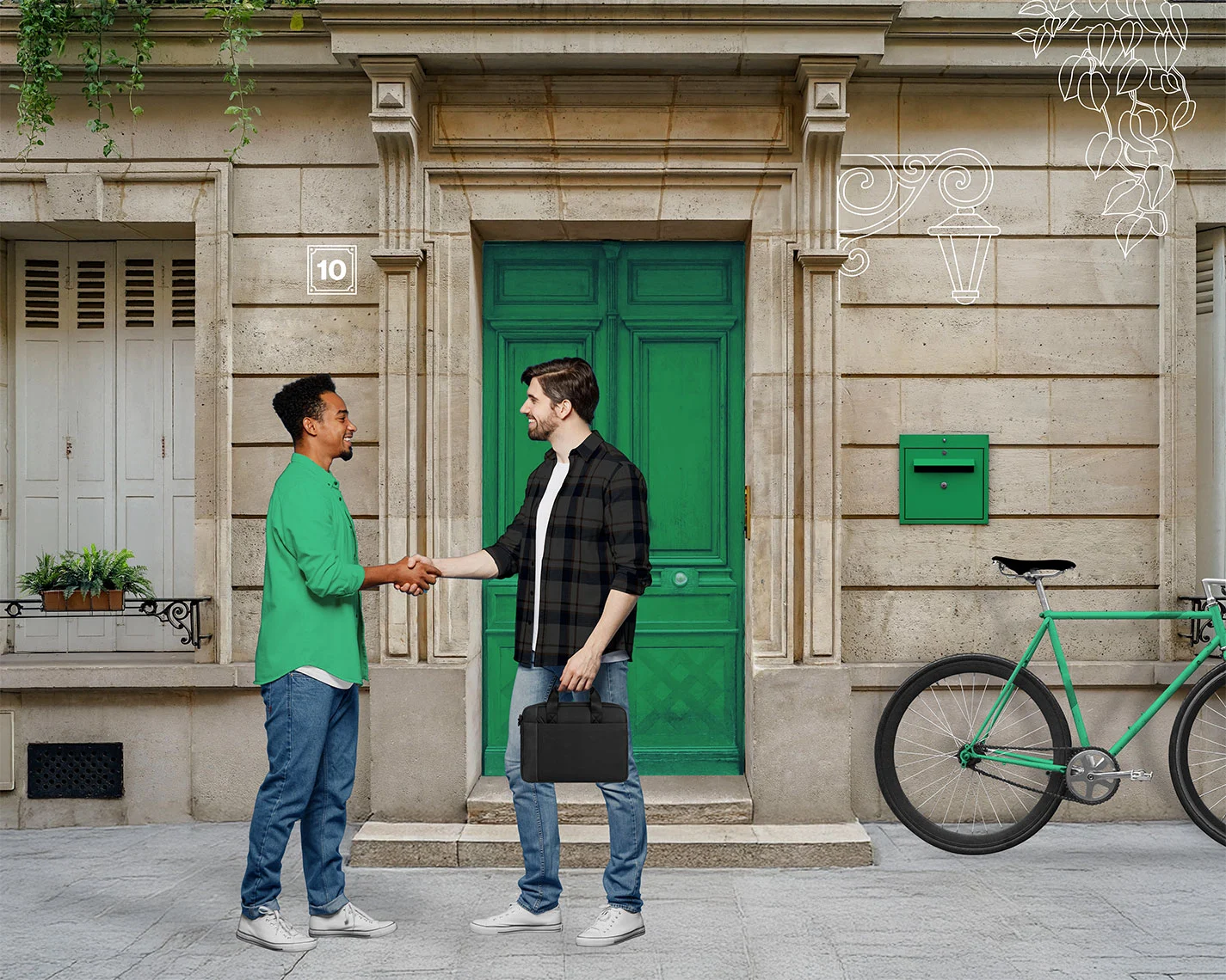 Poignée de main entre un propriétaire et un locataire devant un appartement, symbolisant une mise en location réussie